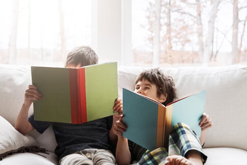 Shot of two adorable brothers reading books while relaxing together on the sofa at home.